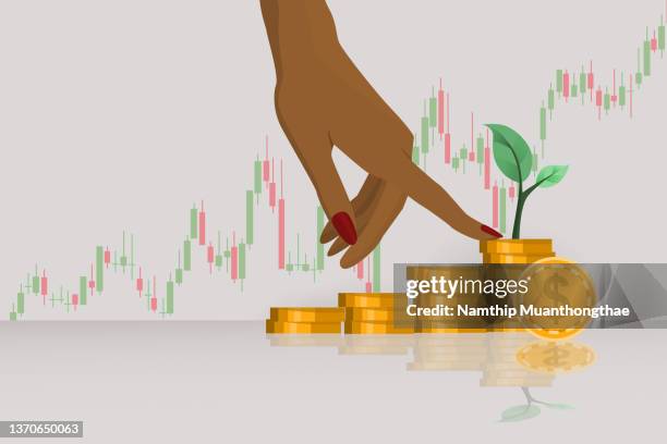 financial investment illustration concept shows the pile of golden coin with the growing sign of plant anf increasing graph of stock market for growth of stock market. - coin stock illustrations photos et images de collection