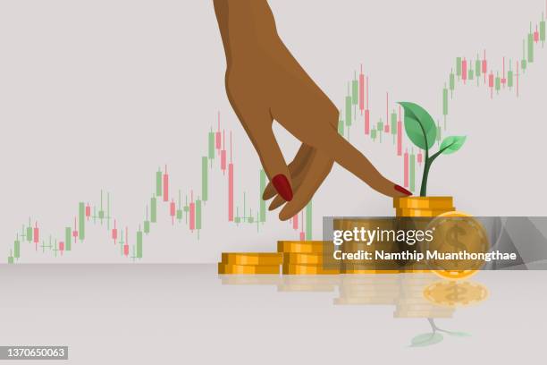 financial investment illustration concept shows the pile of golden coin with the growing sign of plant anf increasing graph of stock market for growth of stock market. - currency stock illustrations ストックフォトと画像