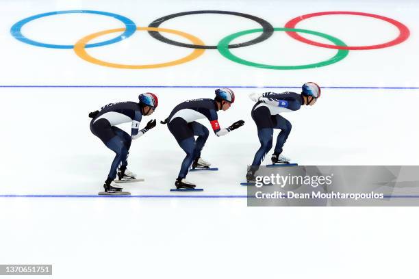 Team South Korea skate during the Men's Team Pursuit Final C on day eleven of the Beijing 2022 Winter Olympic Games at National Speed Skating Oval on...