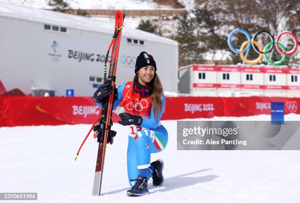 Sofia Goggia of Team Italy celebrates her silver medal following her run during the Women's Downhill on day 11 of the Beijing 2022 Winter Olympic...