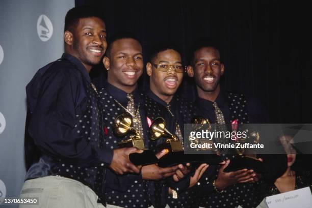 American R&B group Boyz II Men in the press room of the 35th Annual Grammy Awards, held at the Shrine Auditorium in Los Angeles, California, 24th...