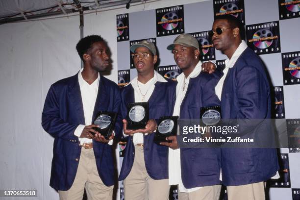 American R&B group Boyz II Men in the press room of the inaugural Blockbuster Entertainment Awards, held at the Pantages Theatre in Los Angeles,...