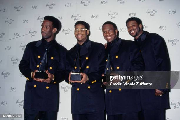 American R&B group Boyz II Men in the press room of the 22nd Annual American Music Awards, held at the Shrine Auditorium in Los Angeles, California,...