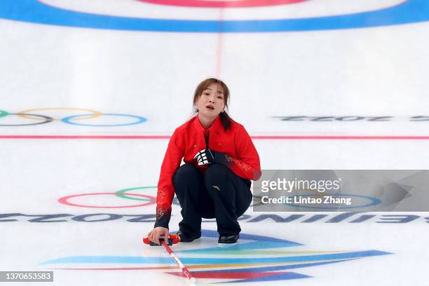 Xindi Jiang of Team China reacts against Team ROC during the Women’s Curling Round Robin Session on Day 11 of the Beijing 2022 Winter Olympic Games...