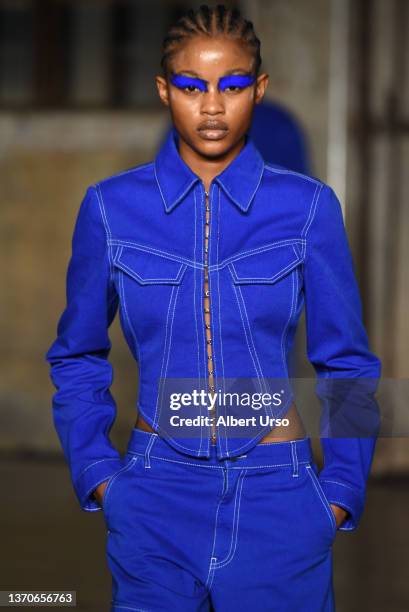 Model walks the runway at the Dion Lee show during New York Fashion Week: The Shows Fall/Winter 2022 on February 14, 2022 in New York City.