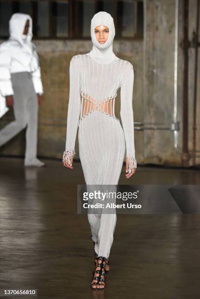 Model walks the runway at the Dion Lee show during New York Fashion Week: The Shows Fall/Winter 2022 on February 14, 2022 in New York City.