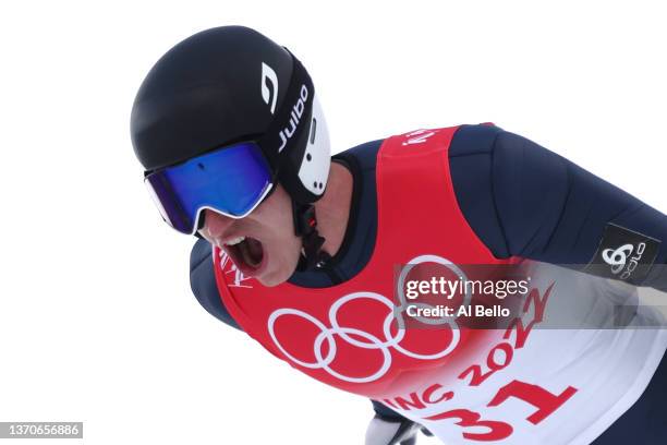 Laurent Muhlethaler of Team France competes during Individual Gundersen Large Hill/10km, Ski Jumping Competition Round on day 11 of 2022 Beijing...