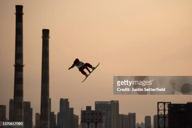 Jasmine Baird of Team Canada performs a trick in practice ahead of the Women's Snowboard Big Air final on Day 11 of the Beijing Winter Olympics at...