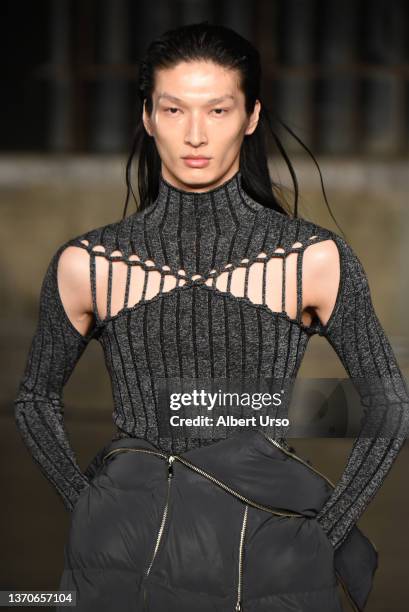 Model walks the runway at the Dion Lee show during New York Fashion Week: The Shows Fall/Winter 2022 on February 14, 2022 in New York City.