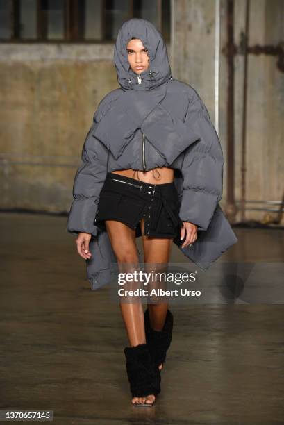 Model walks the runway at the Dion Lee show during New York Fashion Week: The Shows Fall/Winter 2022 on February 14, 2022 in New York City.