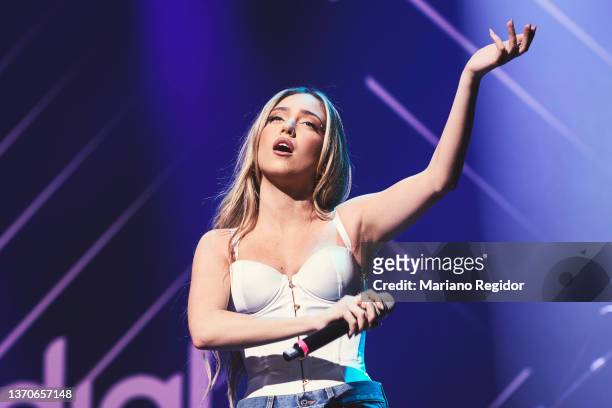 Spanish singer Ana Mena performs on stage during the 'Dial Unicas' charity concert on February 14, 2022 in Madrid, Spain.