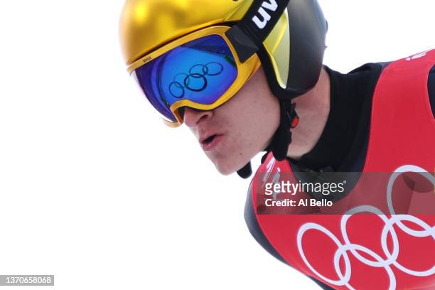 Julian Schmid of Team Germany competes during Individual Gundersen Large Hill/10km, Ski Jumping Competition Round on day 11 of 2022 Beijing Winter...