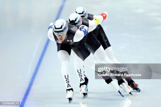 Team United States skate during the Men's Team Pursuit Final B on day eleven of the Beijing 2022 Winter Olympic Games at National Speed Skating Oval...