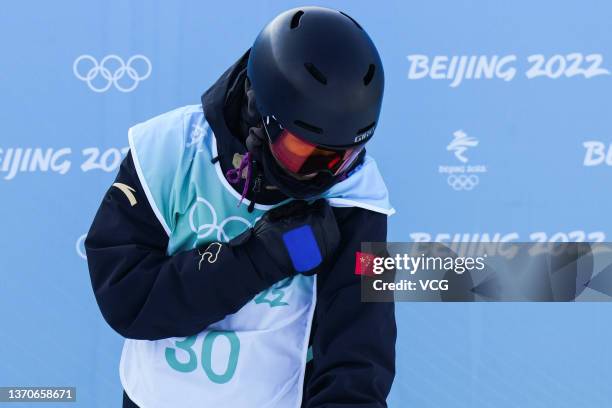 Rong Ge of Team China reacts during the Women's Snowboard Big Air Final on Day 11 of the Beijing Winter Olympics at Big Air Shougang on February 15,...