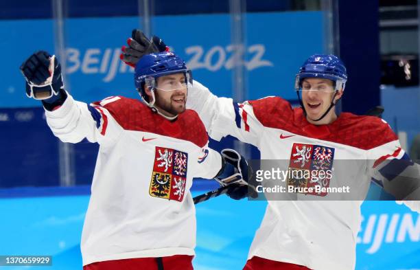 Lukas Klok of Team Czech Republic celebrates opening the scoring during the Men’s Ice Hockey Qualification match between Team Czech Republic and Team...
