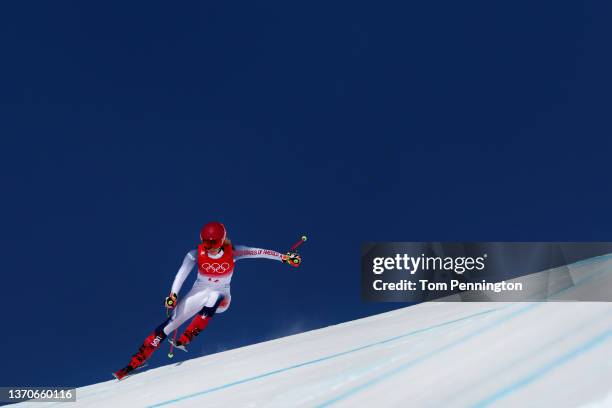 Mikaela Shiffrin of Team United States skis during the Women's Downhill on day 11 of the Beijing 2022 Winter Olympic Games at National Alpine Ski...