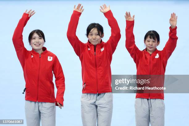 Silver Medallists Team Japan celebrate during the Women's Team Pursuit Final flower ceremony on day eleven of the Beijing 2022 Winter Olympic Games...