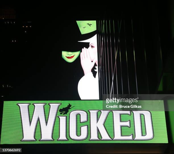 Signage at "Wicked" on Broadway at The Gershwin Theater on February 14, 2022 in New York City.