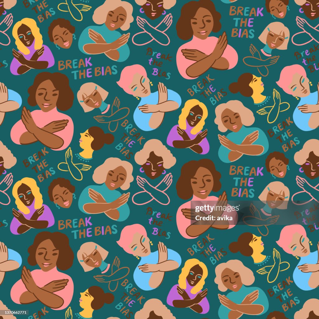 Break The Bias, seamless pattern on green, International Women’s Day (IWD 2022) background illustration