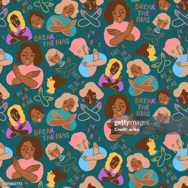 break the bias, seamless pattern on green, international women’s day (iwd 2022) background illustration - bias stock illustrations