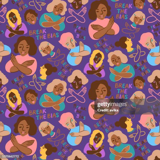 stockillustraties, clipart, cartoons en iconen met break the bias, seamless pattern on violet, international women’s day (iwd 2022) background illustration - geesteswetenschappen