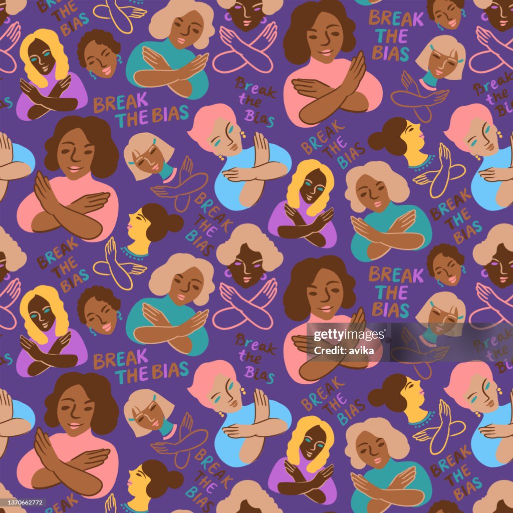 Break The Bias, seamless pattern on violet, International Women’s Day (IWD 2022) background illustration