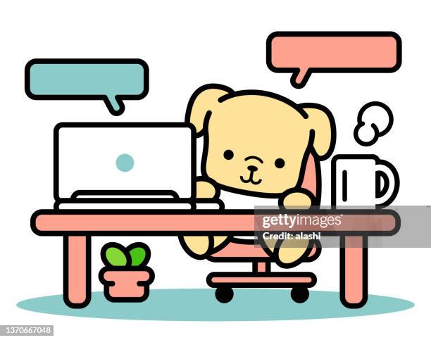 stockillustraties, clipart, cartoons en iconen met cute dog sitting at his desk using a laptop and typing - kawaii