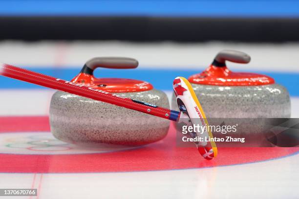 Broom from Team Denmark is seen as they compete against Team Sweden during the Women’s Curling Round Robin Session on Day 11 of the Beijing 2022...