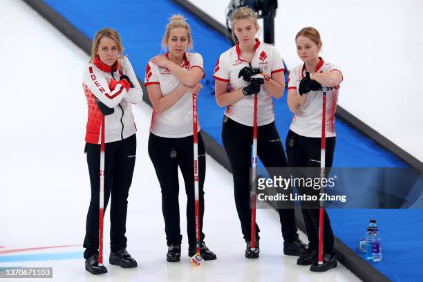 Madeleine Dupont, Denise Dupont, My Larsen and Mathilde Halse of Team Denmark look on against Team Sweden during the Women’s Curling Round Robin...