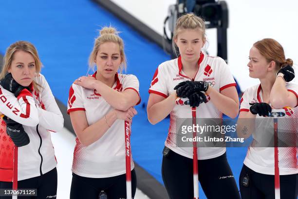 Madeleine Dupont, Denise Dupont, My Larsen and Mathilde Halse of Team Denmark look on against Team Sweden during the Women’s Curling Round Robin...