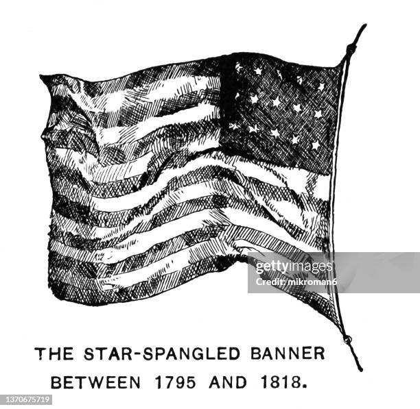 old engraved illustration of star spangled banner between 1795 and 1818 (the 15 star flag) - vintage stock illustrations bildbanksfoton och bilder