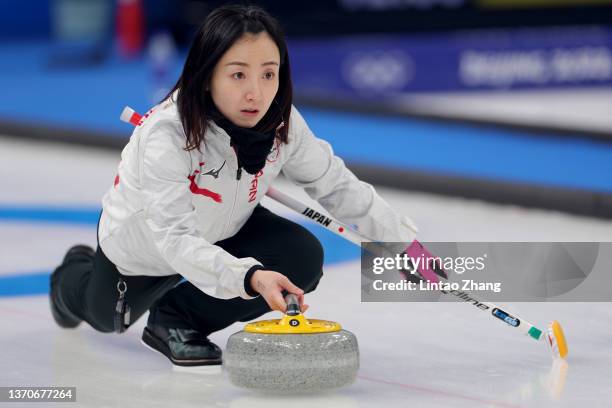 Satsuki Fujisawa competes against Team Great Britain during the Women’s Curling Round Robin Session on Day 11 of the Beijing 2022 Winter Olympic...