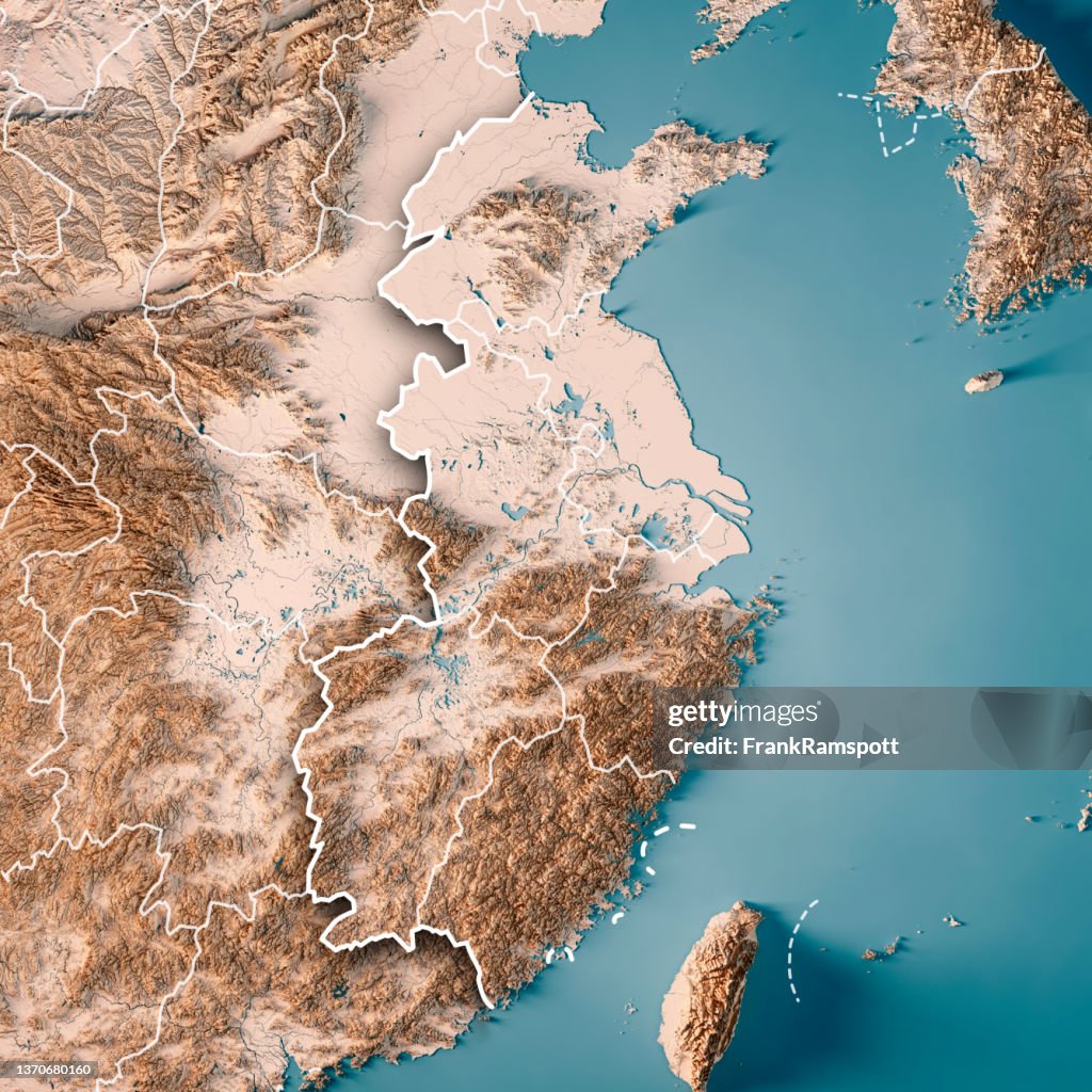 Região leste da China 3D Render Topographic Mapa Neutro Fronteira Neutra