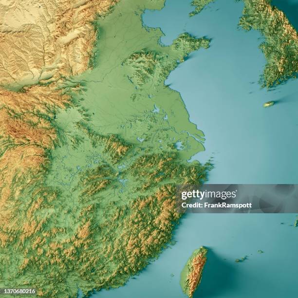 région de la chine orientale rendu 3d couleur de la carte topographique - anhui province photos et images de collection