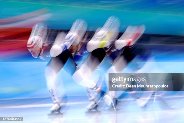 Team United States with Casey Dawson, Emery Lehman and Joey Mantia skate during the Men's Team Pursuit Final B on day eleven of the Beijing 2022...