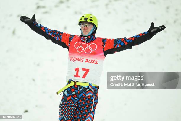 Ilia Burov of Team ROC reacts after finishing a run during the Men's Freestyle Skiing Aerials Final on Day 11 of the Beijing 2022 Winter Olympics at...