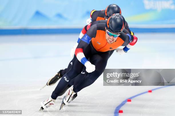 Patrick Roest of the Netherlands, Marcel Bosker of the Netherlands, Sven Kramer of the Netherlands during the Men's Team Pursuit on day 11 of the...