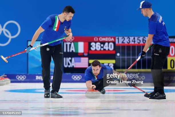 Sebastiano Arman, Amos Mosaner and Mattia Giovanella of Team Italy compete against Team United States during the Men’s Curling Round Robin Session on...