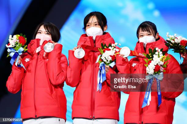 Silver Medallists Ayano Sato, Miho Takagi and Nana Takagi of Team Japan pose with their medals during the Women's Team Pursuit medal ceremony on Day...