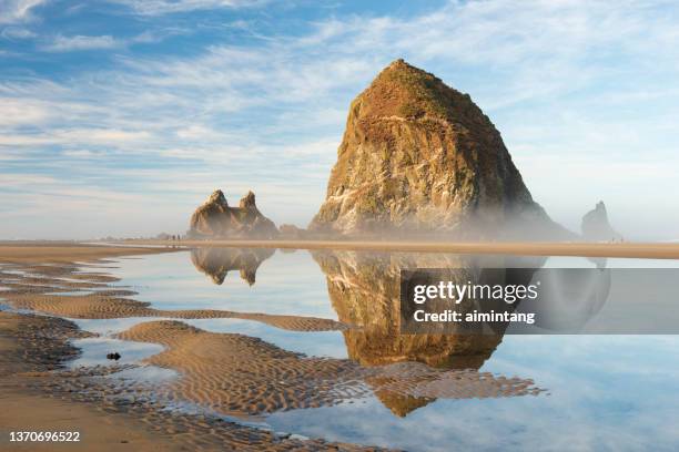 haystack rock reflection at cannon beach - cannon beach stock pictures, royalty-free photos & images