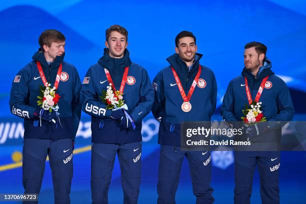 Bronze Medallists Casey Dawson,Emery Lehman and Joey Mantia of Team United States pose with their medals during the Men's Team Pursuit medal ceremony...