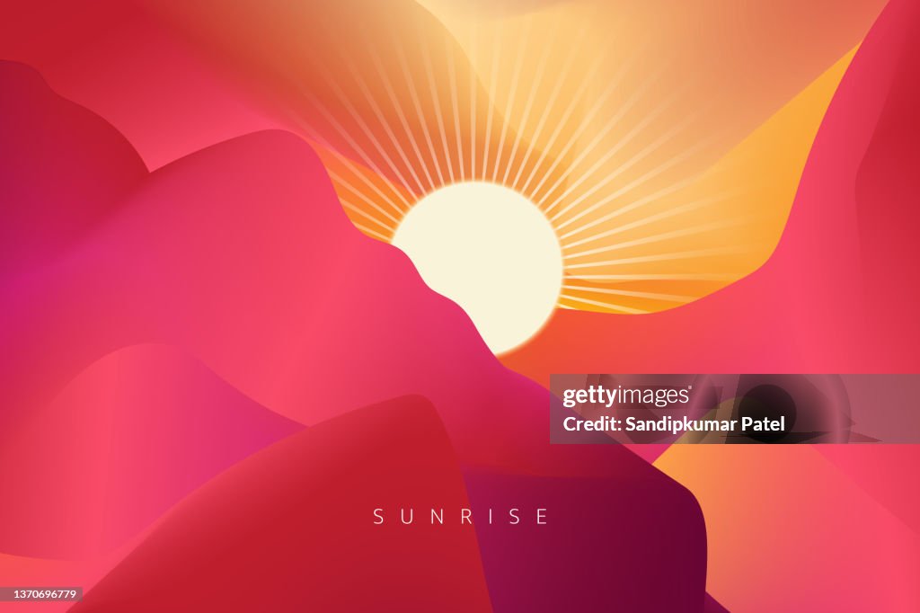 Sky with clouds and sun. Beautiful sunrise with flying seagulls.