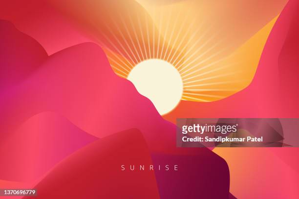 sky with clouds and sun. beautiful sunrise with flying seagulls. - asia stock illustrations