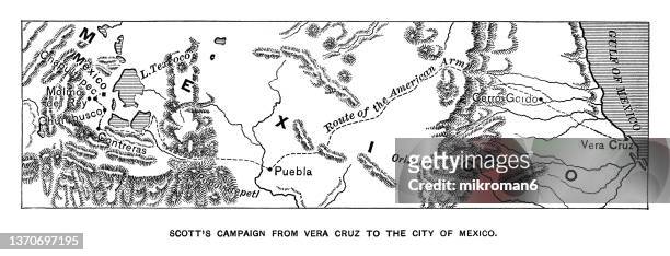 old map of general winfield scott 's campaign from veracruz to the city of mexico - mexico map stock pictures, royalty-free photos & images