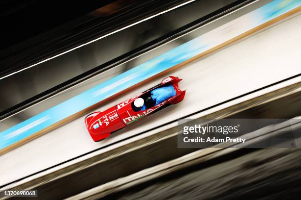 Patrick Baumgartner and Robert Mircea of Team Italy slide during the 2-man Bobsleigh Heat 3 on day 11 of Beijing 2022 Winter Olympic Games at...