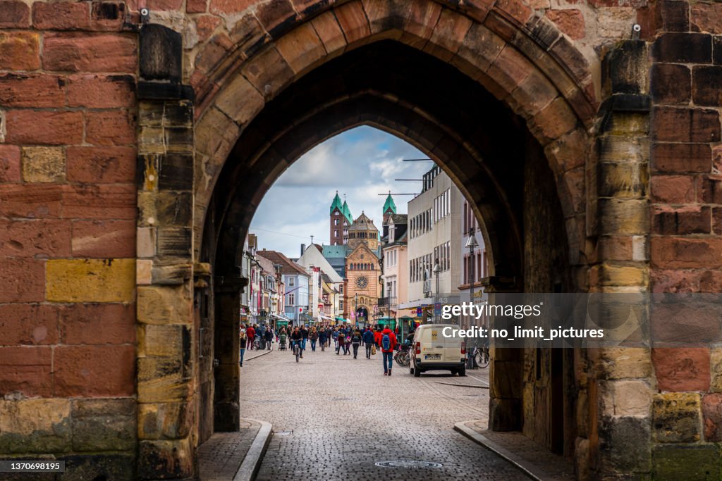 Pedestrian zone in Speyer with imperial cathedral in background