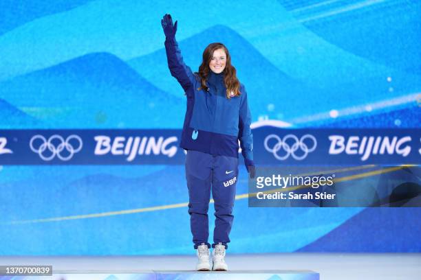 Bronze medallist Megan Nick of Team United States reacts during the Women's Freestyle Skiing Aerials medal ceremony on Day 11 of the Beijing 2022...