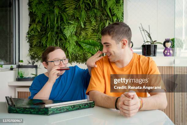 boy with down syndrome and his brother learning music. playing harp and harmonica. - jonglieren stockfoto's en -beelden