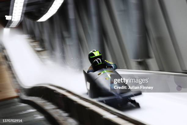 Shanwayne Stephens and Nimroy Turgott of Team Jamaica slide during the 2-man Bobsleigh Heat 3 on day 11 of Beijing 2022 Winter Olympic Games at...