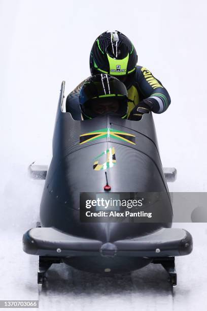 Shanwayne Stephens and Nimroy Turgott of Team Jamaica slide during the 2-man Bobsleigh Heat 3 on day 11 of Beijing 2022 Winter Olympic Games at...